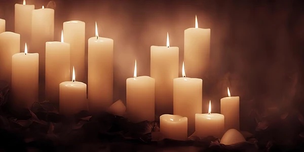 Rows of lit white candles for All Saints Sunday