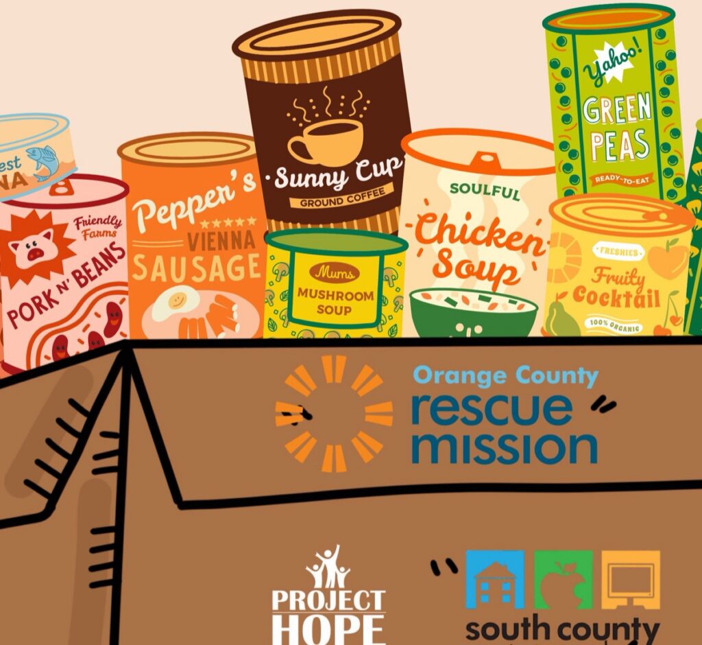 Illustrated cans of food in a donation box for the November food drive