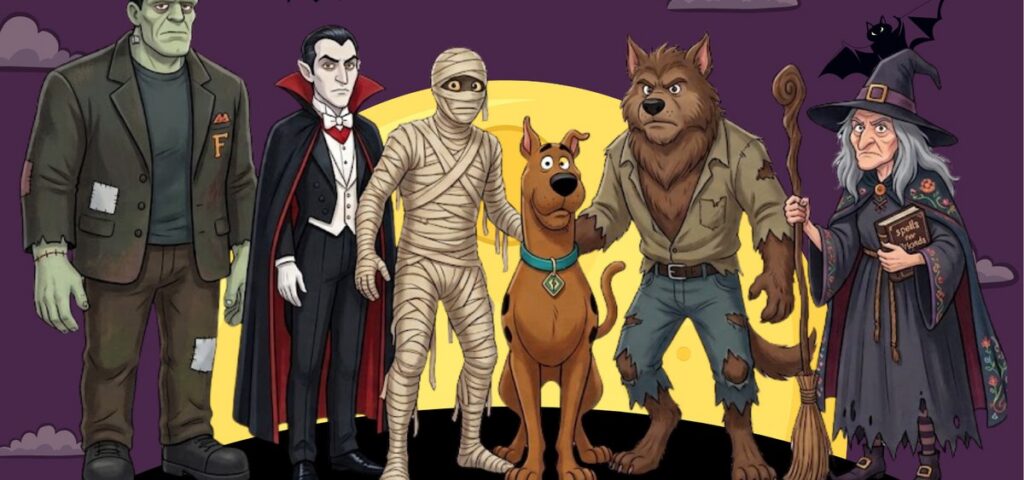 Halloween characters from the Spratlin Spooktacular scavenger hunt flyer
